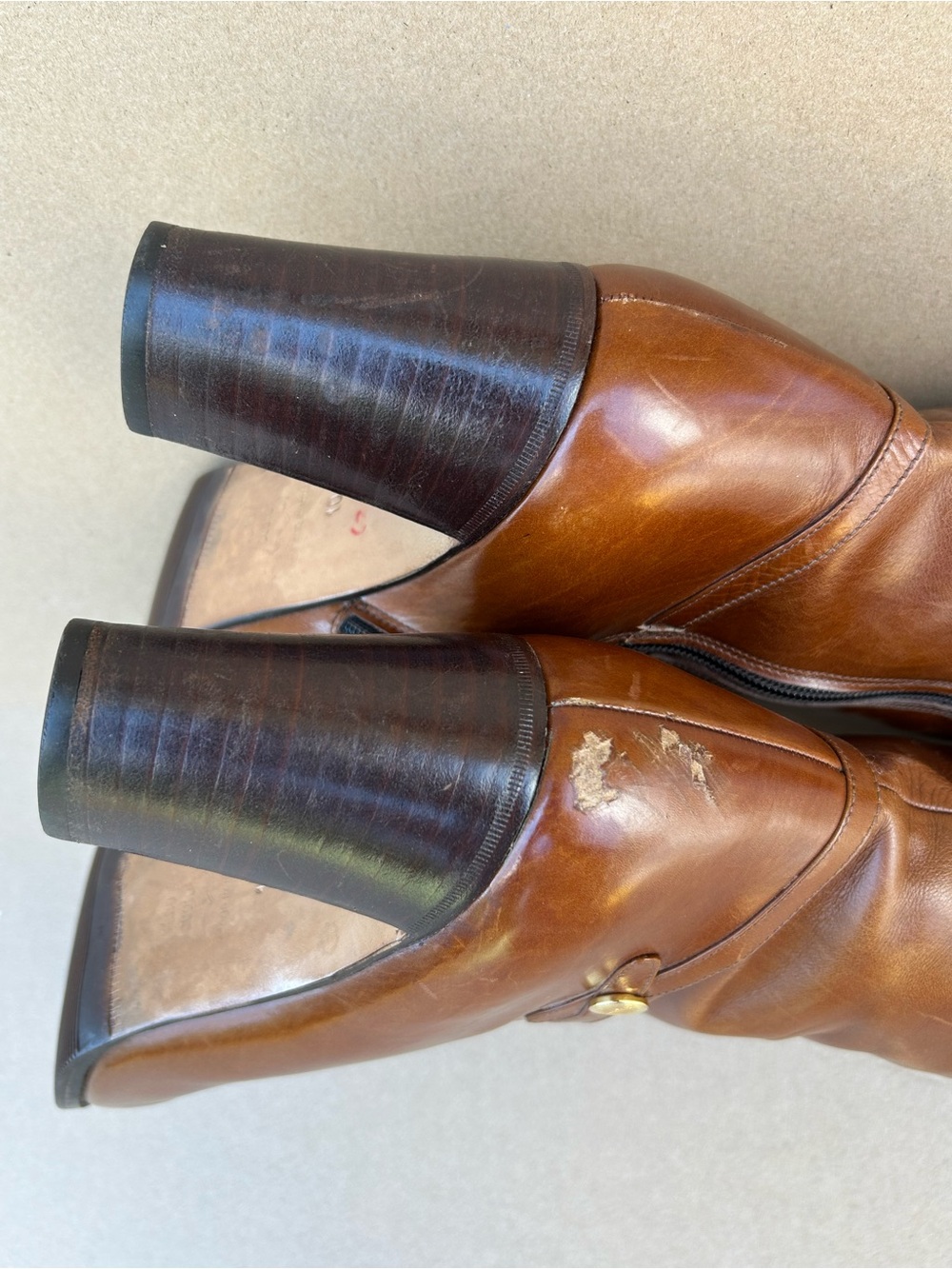 Vintage Ferragamo Leather Heeled Boots 10M Mid Calf Zip Up Classic Gold Upcycled - Picture 10 of 14